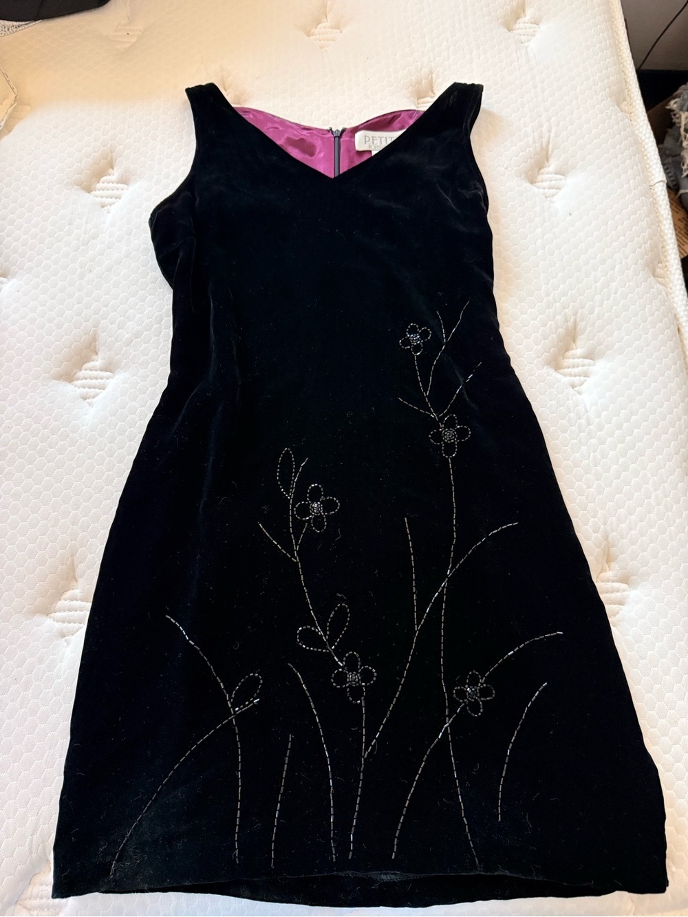 85  Petite sophisticate Black Velvet Dress with Floral Bead Detail